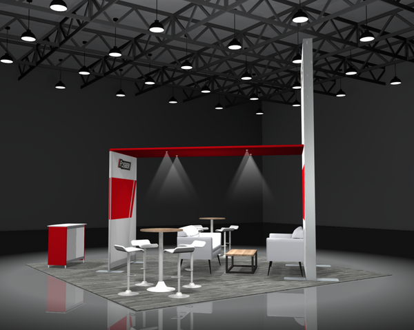 Red and white Sync 2-in-1 Backlit Hybrid Island Exhibit Kit A booth