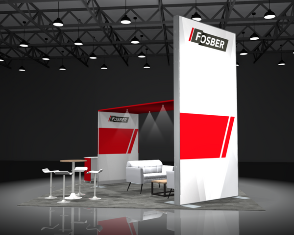White and red Fosber Sync 2-in-1 Backlit Hybrid Island Exhibit booth