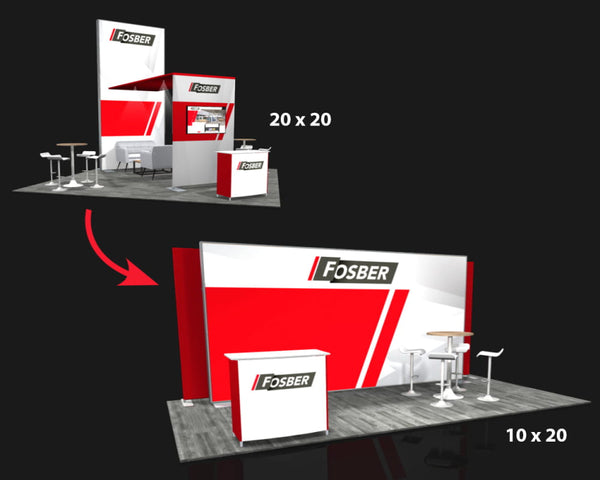 Red and white Fosber Sync 2-in-1 backlit hybrid island exhibit booth