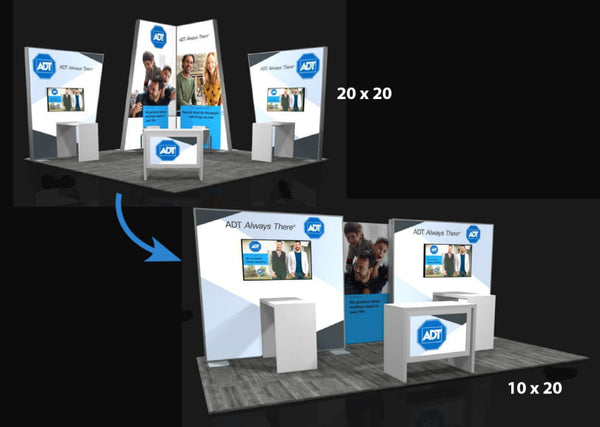 Modern white and blue ADT Sync 2-in-1 backlit hybrid island exhibit booth