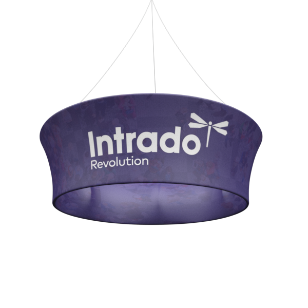 Purple Tapered Circle Tension Fabric Hanging Sign with Intrado Revolution Logo