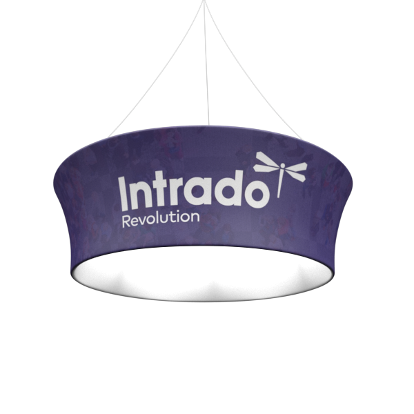 Purple circular hanging display light with Intrado Revolution branding and white dragonfly logo