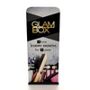 Black and silver Glam Box banner stand with gold logo and makeup ads
