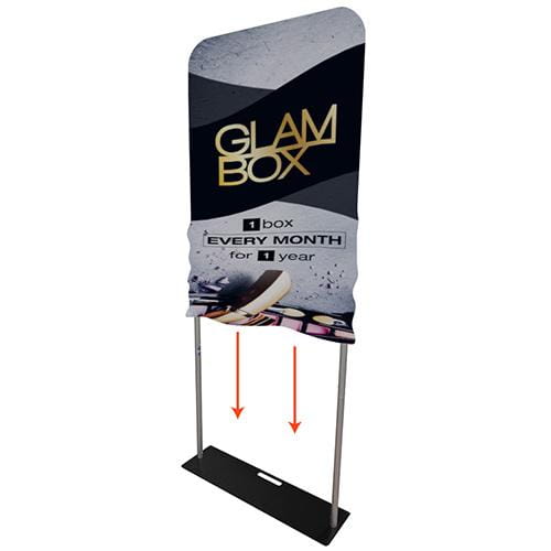 Black and silver 3ft Tension Fabric Banner Stand with gold Glam Box branding