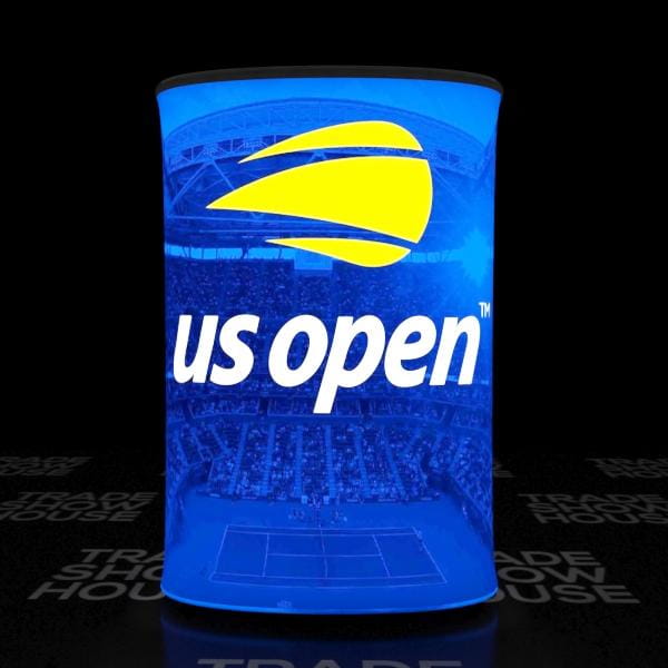 Blue illuminated US Open can cooler on Triangle Backlit Inflatable Counter