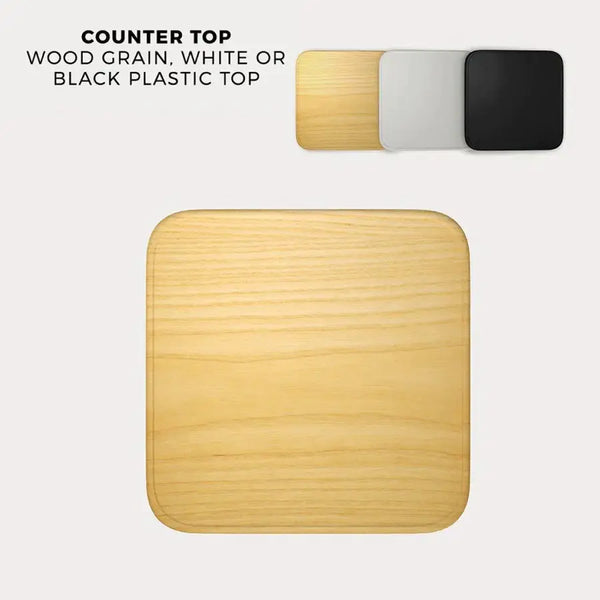 Triangle backlit inflatable counter with light wood grain top and rounded corners