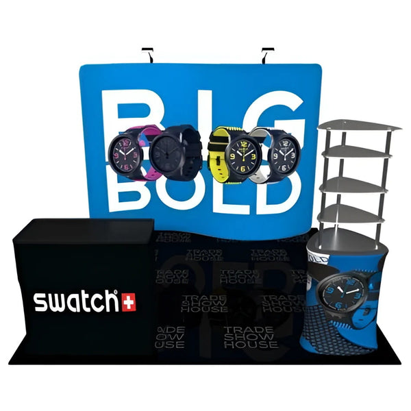 Blue and black Triangle Shelving Display Stand with colorful watches