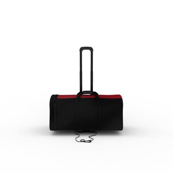Black and red rolling duffel bag with retractable handle for trolley cart