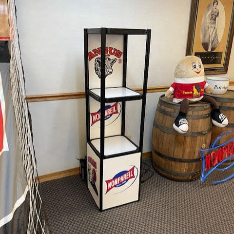 Twist-Lock Portable Showcase Display Cabinet Tower with 3 Shelves & Overhead Lights - Product Shelving Displays