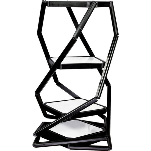 Black Twist-Lock geometric shelf with 3 white glass tiers and lights