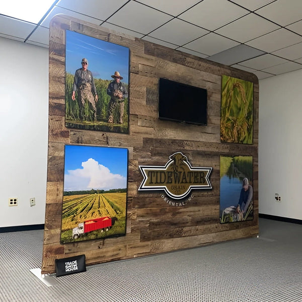 Rustic Tidewater Grain Oriental wall panel with logo and farm photo frames for VESA mount kit