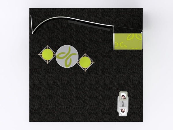 Black textured 10x10 VHE-Modular Inline Exhibit Kit with lime green silver elements