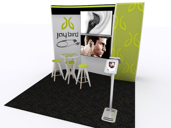 Jaybird wireless earbuds on lime green white branded 10x10 VHE modular display