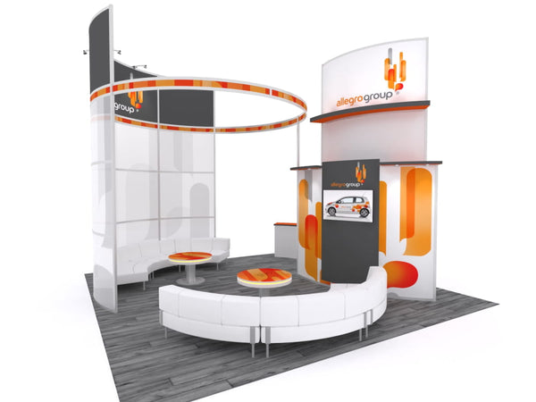 Modern white orange 10x10 VHE modular inline exhibit booth with Allegro signage