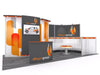 Modern 10x10 VHE-Modular Inline Booth with Orange Gray Curved Panels
