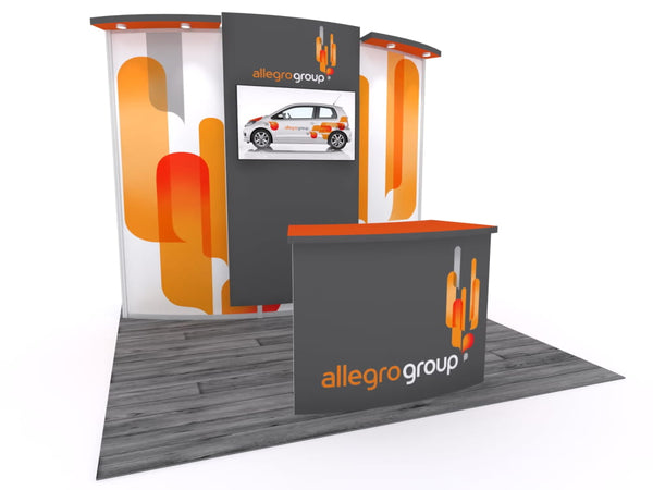 Gray and orange 10x10 VHE-Modular Inline Exhibit Kit 08 with curved panels and Allegro Group car display