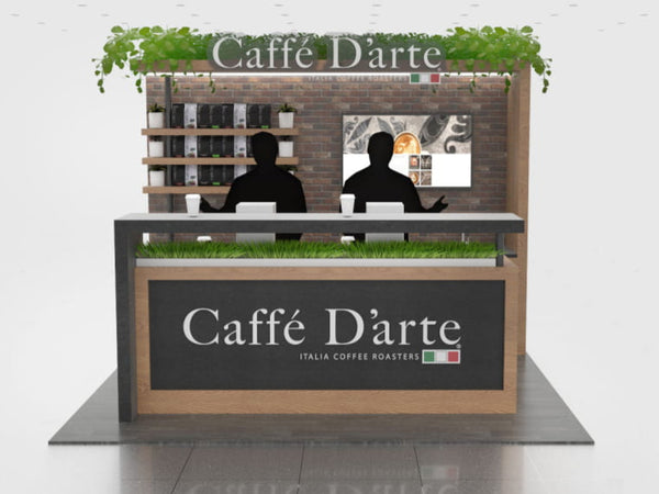 Caffé d’Arte Italia kiosk in 10x10 VHE-Modular Exhibit Kit with brick backdrop