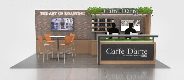Caffé d’arte dark wood coffee counter with logo panel and top greenery