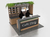 Modern wooden and gray countertop coffee kiosk with greenery accents in 10x10 VHE-Modular Inline Exhibit Kit 15a
