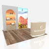 Beige curved counter with Sanctuary logo and circular emblem in 10x10 VHE-Modular Inline Exhibit Kit 09a