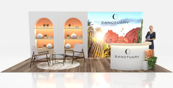 White curved reception desk with Sanctuary logo in 10x10 VHE modular exhibit kit