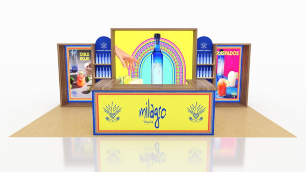 Vibrant blue Milagro Tequila bottle on arched backdrop in 10x10 VHE exhibit kit