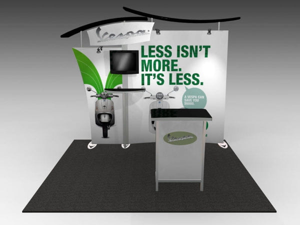 Silver Vespa scooter display in 10x10 VHE-Modular Inline TV Exhibit Kit