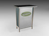Sleek modern bar counter with black top, silver frame, Vespa logo for 10x10 VHE Modular TV Exhibit Kit