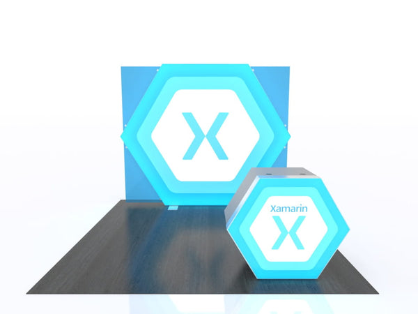 Blue Xamarin logo on hexagonal display units with glow effect in 10x10 VHE-Modular kit