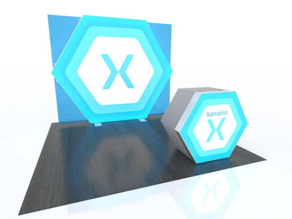 Blue hexagonal Xamarin stands with white x logo in 10x10 VHE modular kit
