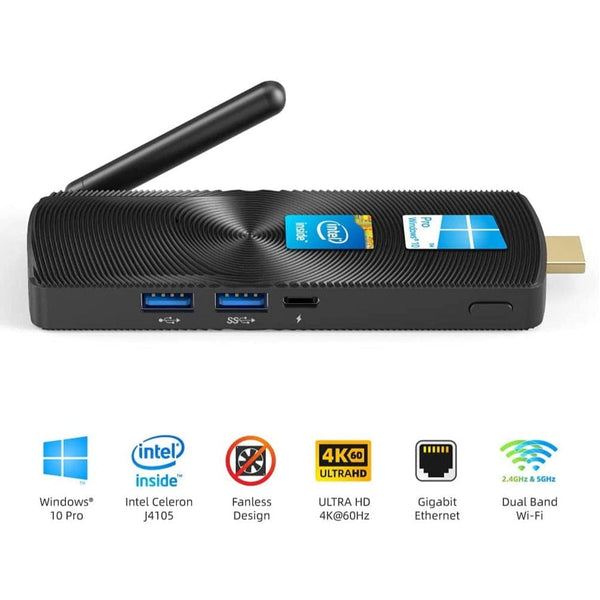Black Intel Celeron J4105 Mini PC with antenna and ports