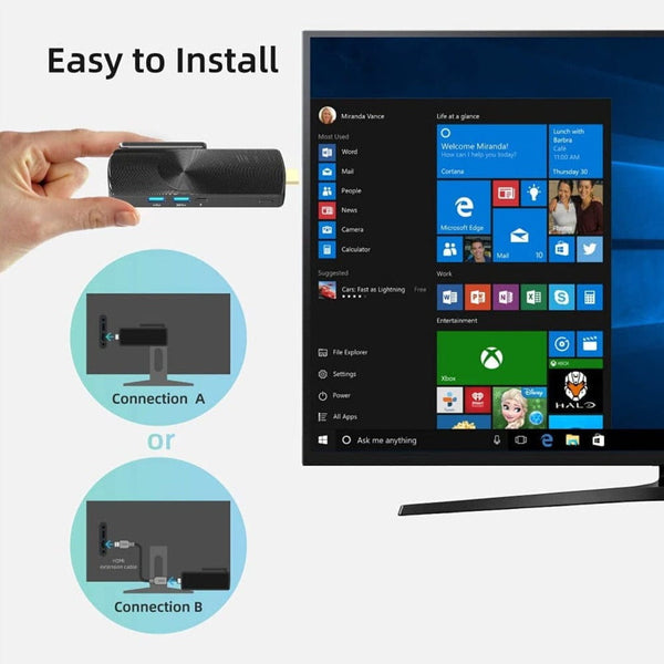Black USB-C to HDMI adapter with blue lights for Windows 10 Pro Mini PC
