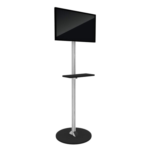 X1 Freestanding TV Stand with black flat-screen TV on silver metallic base