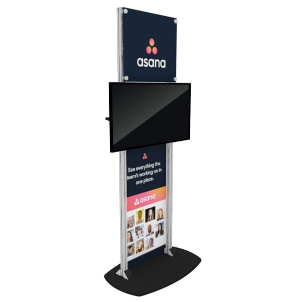 Asana-branded X6 freestanding TV stand with black screen and navy panels