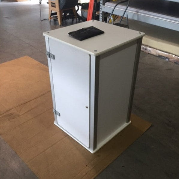 Our XLC2 White Locking Storage Counter is made of durable aluminum extrusions and rigid, plastic sintra panels.