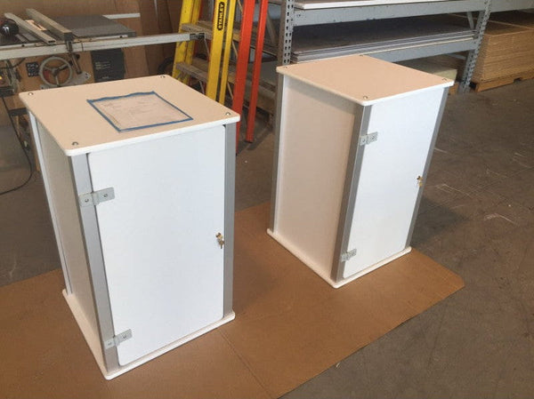 Our XLC2 White Locking Storage Counter is made of durable aluminum extrusions and rigid, plastic sintra panels.