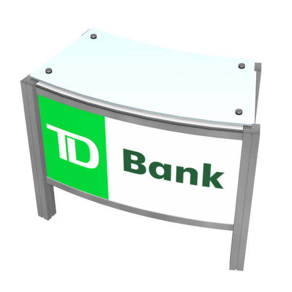 TD Bank green and white logo sign on curved metallic frame in XRC2 Backlit Locking Storage Counter