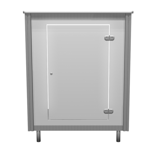 Silver stainless steel XRC4 backlit locking storage counter cabinet with single door, corner hinges, and round knob