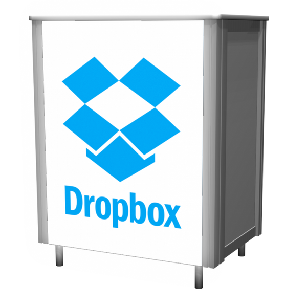 White and blue Dropbox display stand in XRC4 Backlit Locking Storage Counter