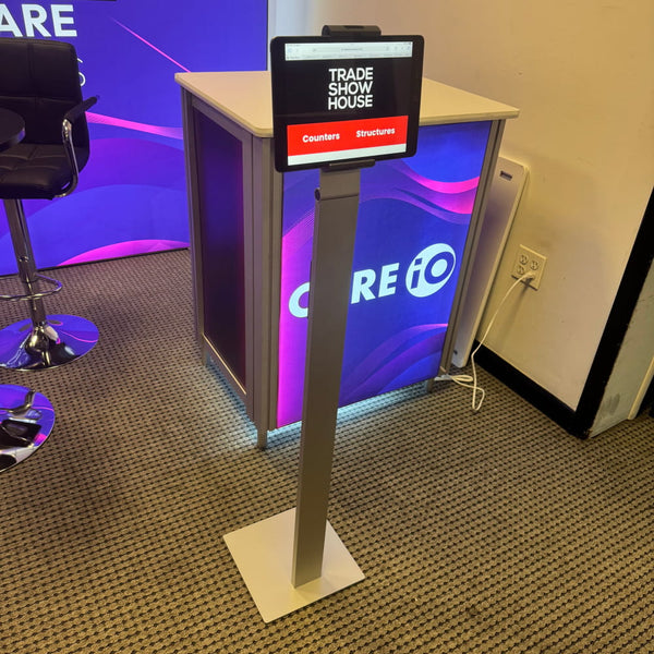 XRC4 Backlit Locking Storage Counter with silver tablet stand and purple LED