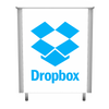 White retractable banner stand with blue Dropbox logo in XRC4 counter