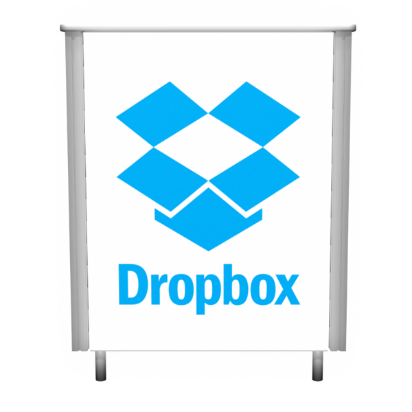 White retractable banner stand with blue Dropbox logo in XRC4 counter