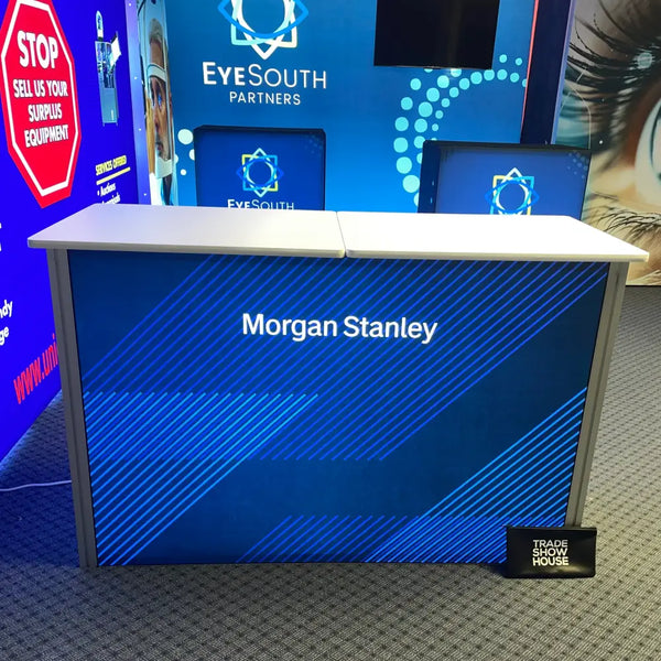 Blue diagonal-striped XRC9 backlit storage counter with Morgan Stanley branding