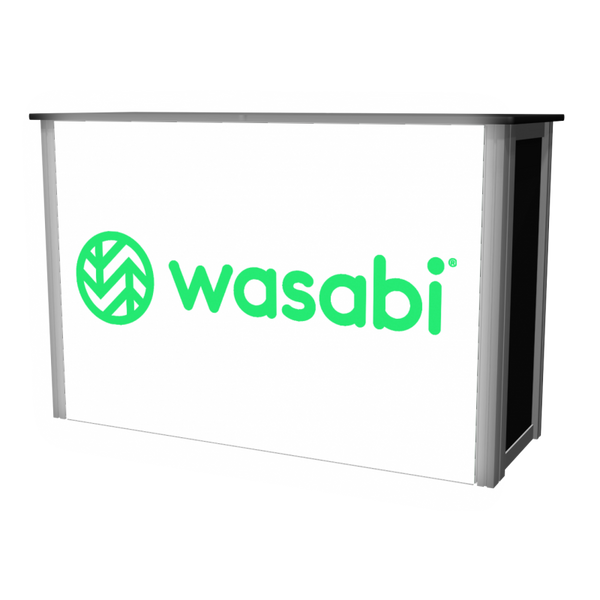 Sleek XRC9 Backlit Storage Counter with illuminated white surface and silver frame