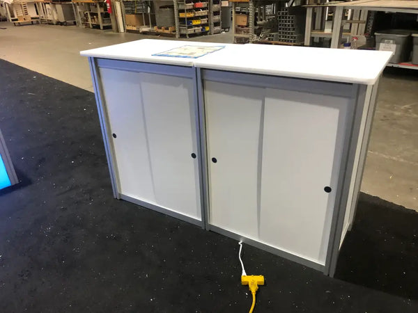 White and gray two-door XRC9 Backlit Storage Counter cabinet with black circular handles