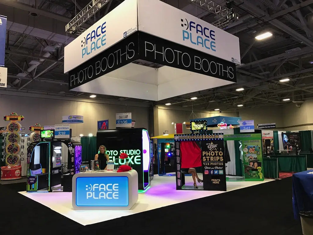 Illuminated Face Place photo booth sign in events industry pavilion