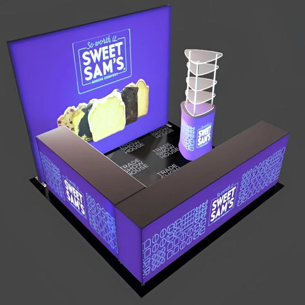 Purple Sweet Sams booth with backlit SEG light box counter