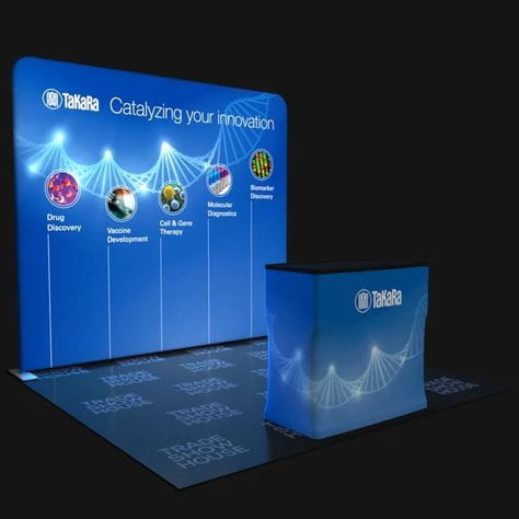 Our 10ft Backlit Tension Fabric Display Kit is an ultra-bright and vivid portable backlit trade show display