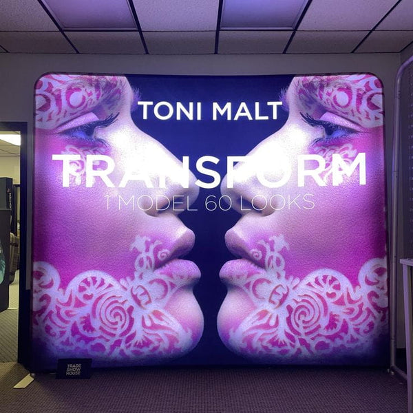 Our most popular 10ft Backlit Tension Fabric Display is an ultra-bright and vivid portable backlit trade show display