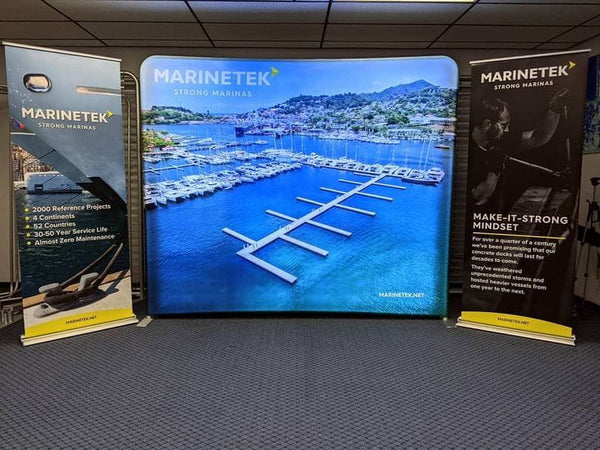 Our most popular 10ft Backlit Tension Fabric Display is an ultra-bright and vivid portable backlit trade show display